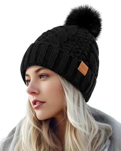 Women's Winter Pompom Beanie Warm and Cozy Knit Hat Fleece Lining Skull Cap for Women - color: Black