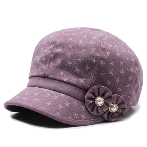 Women's Lady's Cotton Beret Cap Newsboy Cap Drawing Beret Hat Bakerboy Cabbie Cap with Bowknot Decor - color: Purple