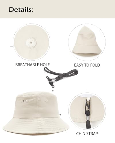 Zylioo XL XXL Bucket Hat for Big Heads, Quick Dry Travel Sun Hat with Strap - color: Off-white, size: Large-X-Large