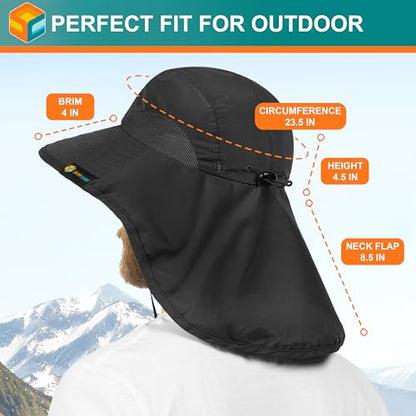 SUN CUBE Wide Brim Sun Hat with Neck Flap for Men Women, UPF50+ Fishing - color: Black
