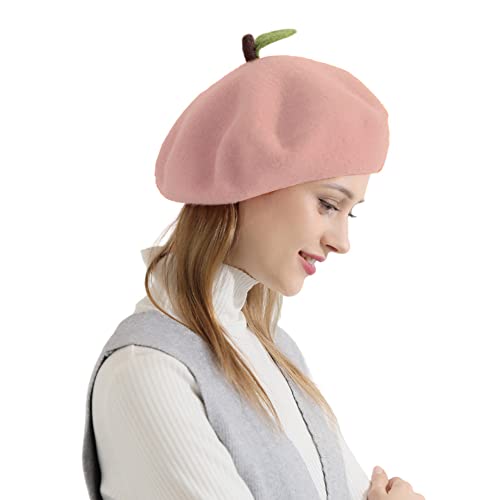 Handmade Wool Beret Hat French Style Needle Felt Flower Beanies Women Winter Autumn Cap - color: Peach, size: 7 1/8-7 3/8
