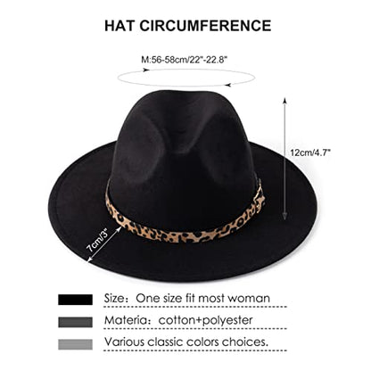 Women's Wide Brim Felt Fedora Panama Hat with Leopard - color: Black