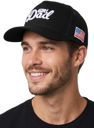 Funky Junque Vintage Trucker Hat, Embroidered American Flag Cap - color: Girl Dad - Black