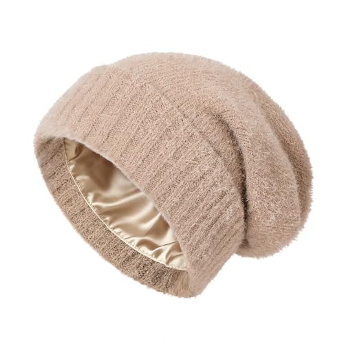 Satin Lined Slouchy Beanie Women-Winter Hats for Women Silk Lined Beanie for Winter Warm Cute Knit Hat - color: Camel
