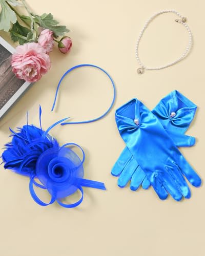 2Pcs 50s Fascinators Hats for Women Wedding Cocktail Flower Mesh Ribbons Feathers Church Tea Party Hats and Lace Glove - color: Blue