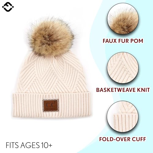 Funky Junque Women’s Pom Pom Beanie – Soft Knit Winter Hats for Women & Teens, Warm Fashionable Beanie with Faux Fur Poms - color: Diagonal Stripes - Light Beige