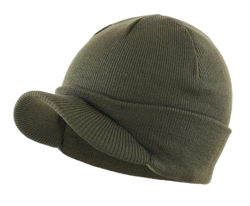 Home Prefer Men's Winter Beanie Hat with Brim Warm Double Knit Cuff Beanie Cap Watch Radar Hat - color: Army Green