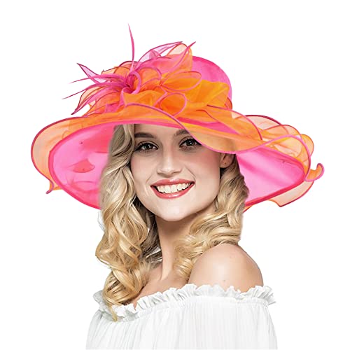 2026 Derby Hat, Classy Sun Hats for Women Ladies, Organza Feather Kentucky Fascinator for Tea Party Church UV Protection - color: 4d2867-rose Rose+orange