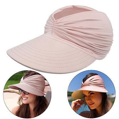 Sun Hat Women Beach Visor Cap UV Protection with Wide Brim Packable Summer Sport Ponytail Sun Cap - color: Pink