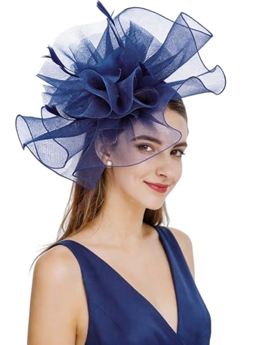 Z&X Sinamay Fascinator Hat Floral Feather Pillbox Derby Hats for Women Wedding Tea Party with Headband Clip - color: 006b Navy Blue