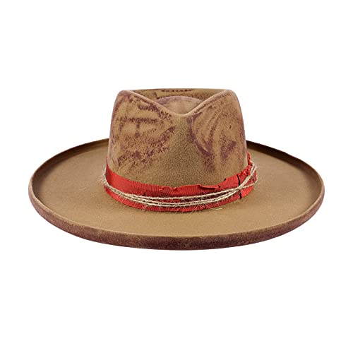 Vintage Pencil Brim Fedora Hats 100% Wool Felt Hat Panama Rancher Hat with Lightning Logo Handmade Distressed/Burned - color: Camel Red, size: 7 1/8