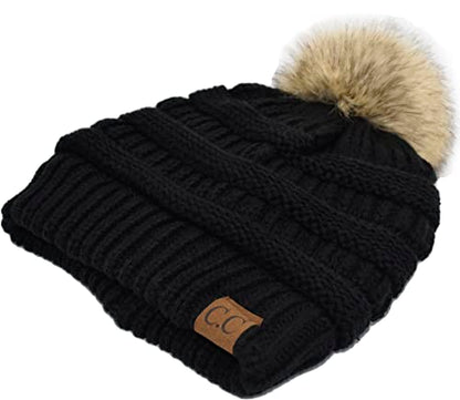C.C Trendy Fuzzy Fleece Lined Warm Comfortable Soft Stretch Cable Knit Ribbed Faux Fur Pom Pom Beanie Hat - color: Black