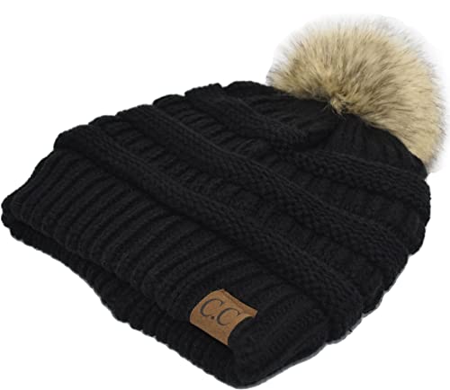 C.C Trendy Fuzzy Fleece Lined Warm Comfortable Soft Stretch Cable Knit Ribbed Faux Fur Pom Pom Beanie Hat - color: Black
