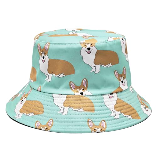 Quanhaigou Reversible Printed Bucket Hat,Summer Beach Outdoor Cap - color: Cute Dog Corgi