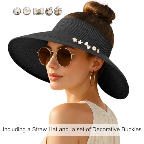 Women's Sun Visor Hats Wide Brim Straw Beach Hat Ponytail Hats for Women Foldable Floppy - color: 1pack-black-diyblack