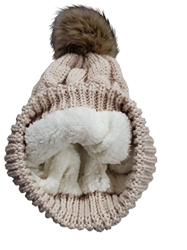 Novarena Thick Cable Knit Faux Fuzzy Fur Pom Fleece Lined Skull Cap Cuff Beanie - color: Beige Pom Beanie