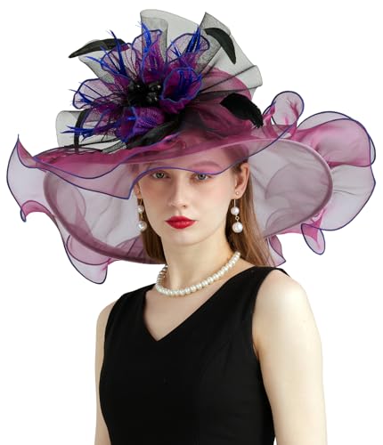 Women's Organza Church Kentucky Hat Fascinato Wedding Cocktail Tea Party Derby Hats Sun Hat - color: 01-purple Red