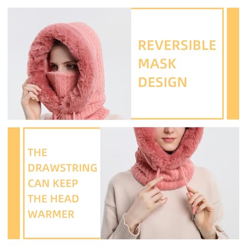 Womens Winter Hats, Warm Hooded Scarf Hat for Women, Fleece Beanie Hat with Drawstring, Balaclava Knit Skull Cap - color: Blush