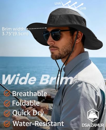 Wide Brim Sun Hat for Men Women, UPF 50+ Waterproof Packable Bucket Boonie Safari Fishing Hat - color: Black