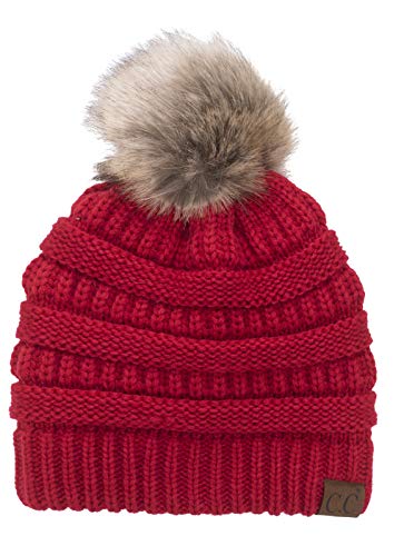C.C Trendy Fuzzy Fleece Lined Warm Comfortable Soft Stretch Cable Knit Ribbed Faux Fur Pom Pom Beanie Hat - color: Red