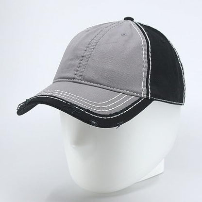 Washed Cotton Distressed with Heavy Stitching Adjustable Baseball Cap - color: Gray/Gray/Black