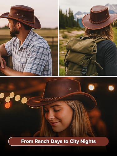 Genuine Leather Cowboy Hat for Men & Women – Western Outback Hat with Chin Strap & Sun Protection - color: Reddish Brown, size: XX-Large