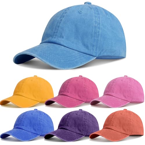 Geyoga 7 Pcs Vintage Baseball Hats - color: Yellow, Pink, Blue, Orange, Purple, Rose Red, Sky Blue, size: One Size