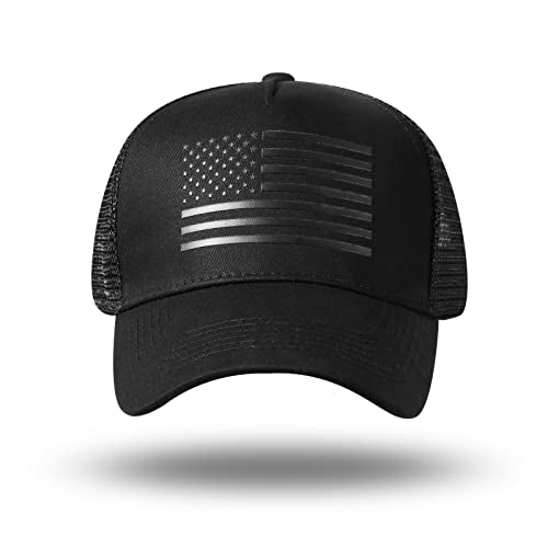 American Flag Trucker Hat - Snapback Hat, Baseball Cap for Men Women - Breathable Mesh Side, Adjustable Fit - for Casual Wear - color: Black/Black