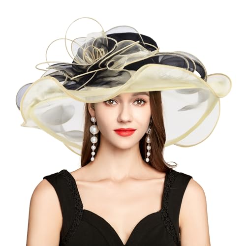 2026 Derby Hats for Women Ladies, Classy Organza Sun Hat, Church Tea Party Wedding Kentucky Fascinator Hat - color: J-2462-black Gold