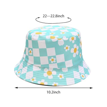 Bucket Hat for Women Men, Cotton Reversible Double Side Wear Sun Hats Beach Fisherman Hat - color: Small Checkered Flowers Blue