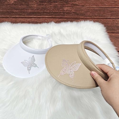 2 Pack Sun Visors Women Wide Brim Clip on Summer Hats Adjustable UV Protection - color: Butterfly-white,khaki