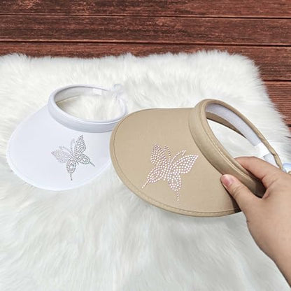 2 Pack Sun Visors Women Wide Brim Clip on Summer Hats Adjustable UV Protection - color: Butterfly-white,khaki