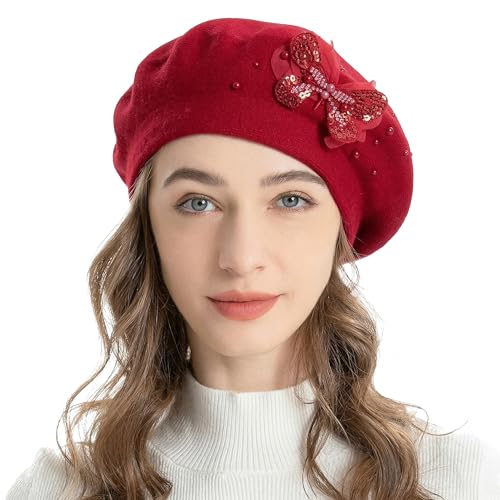 ZLYC Women French Beret Hat Reversible Solid Color Mosaic Warm Artist Cap - color: Butterfly Red