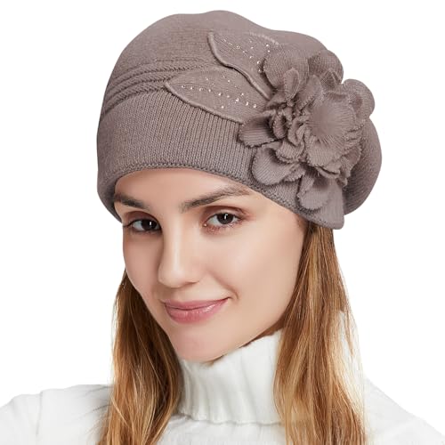 Flower Women Beret, Double Layer Thickened Winter Knitted Beanie Beret Hat, Stylish French Dress Beret Hats for Women - color: Taupe