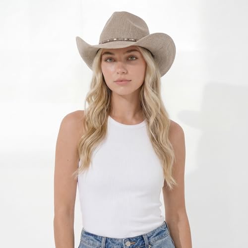 C.C Knitted Cowboy Hat for Women Lightweight Woven Western Hat with Multicolor Trim Band, Wide Brim Summer Sun Hat - color: Lt. Grey