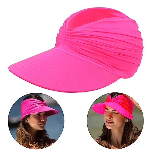 Sun Hat Women Beach Visor Cap UV Protection with Wide Brim Packable Summer Sport Ponytail Sun Cap - color: Rose Red