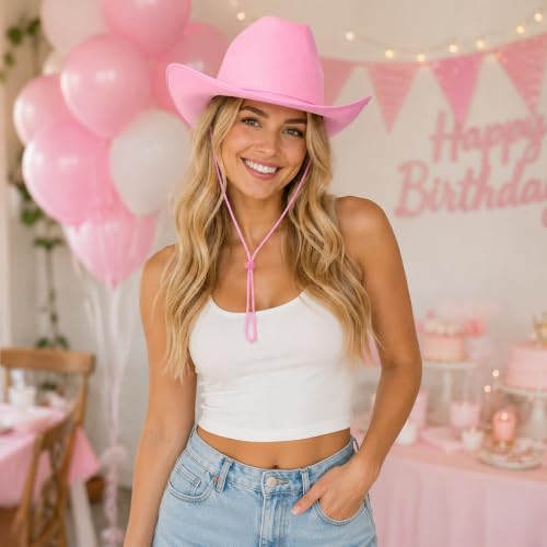 COLLECT PRESENT Plain Felt Cowboy & Cowgirl Hat for Men and Women | Western Studded Cowboy Hat in Adult Sizes - color: Pink