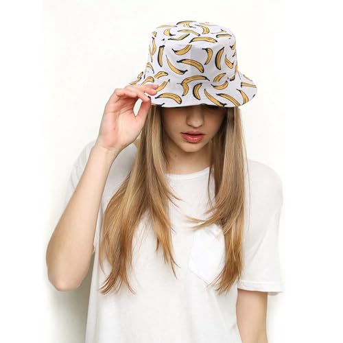 Bucket Hat for Women Men, Cotton Reversible Double Side Wear Sun Hats Beach Fisherman Hat - color: Banana White