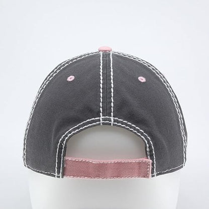 Washed Cotton Distressed with Heavy Stitching Adjustable Baseball Cap - color: Charcoal Gray/Pink/Charcoal Gray
