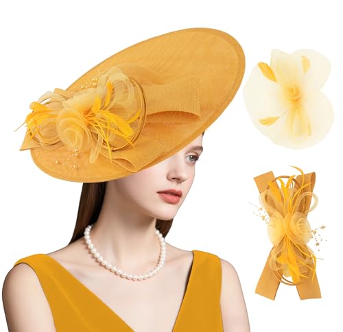dressfan Wide Brim Fascinator Derby Hats for Women,20s Detachable Flower Hat with Headband for Derby Church Wedding Tea Party - color: Yellow