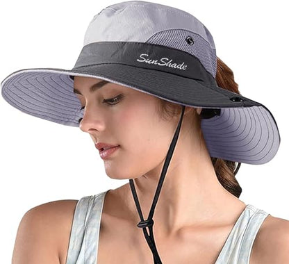 ZOORON Women's Ponytail Safari Sun Hat,Wide Brim UV Protection Bucket Hat - color: 1- Light Grey