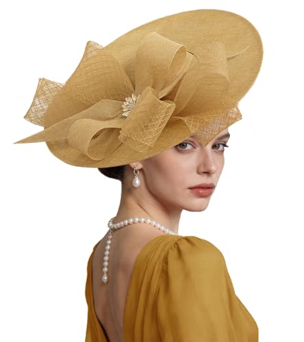 Kgromfy Women's Wide Brim Fascinator Hat Tea Party Headband Large Vintage Church Hat Lady Headwear for Derby Wedding Cocktail - color: Khaki