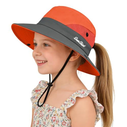 ZOORON Kids Girls Ponytail Sun Hat UPF 50+ Breathable Mesh Water-Resistant - color: Two-tone Orange