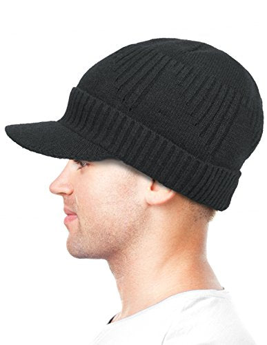 Dahlia Men's Beanie with Visor - Wool, Winter Hat w/Brim, Fleece Lined - color: Ribbed: Black