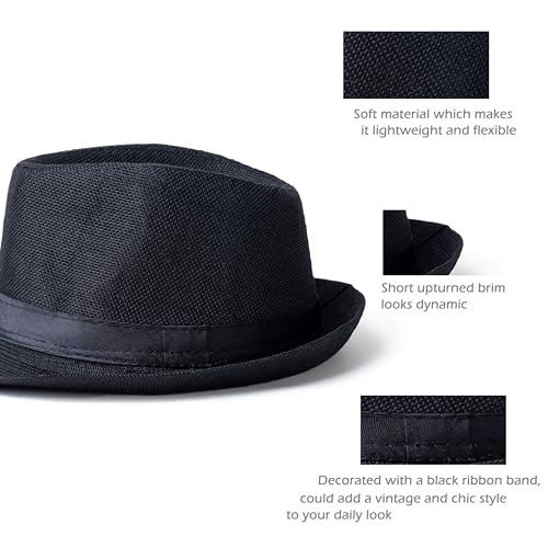 Classic Short Brim Fedora Summer Beach Trilby Hat - color: Black Band-black