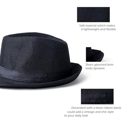 Classic Short Brim Fedora Summer Beach Trilby Hat - color: Black Band-black