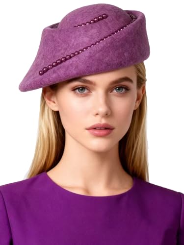 Small Top Hats for Women Elegant Winter Vintage Beret Wool Felt Fedoras Ladies Luxury Wedding and Church Cap Female - color: Purple 2