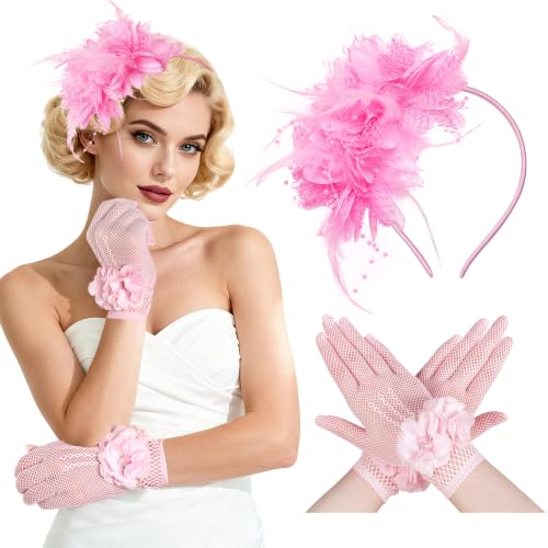 Pistha Fascinators Hats for Women and Tea Party Gloves for Tea Party Dress - color: Pink