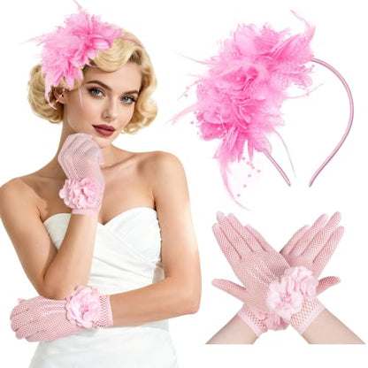 Pistha Fascinators Hats for Women and Tea Party Gloves for Tea Party Dress - color: Pink