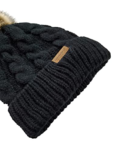 Novarena Thick Cable Knit Faux Fuzzy Fur Pom Fleece Lined Skull Cap Cuff Beanie - color: Black Pom Beanie